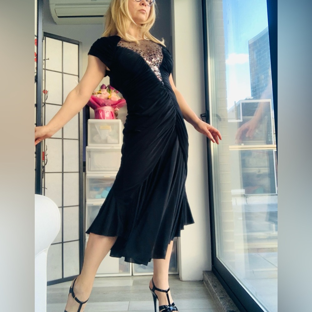 Vintage Satin Nylon Draped Waterfall Dress Casadei 1982 Stars & Sequins